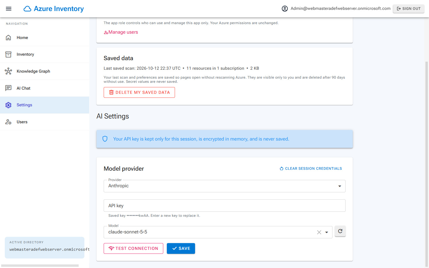 The Settings page opens from the navigation menu, revealing the AI service settings editor.