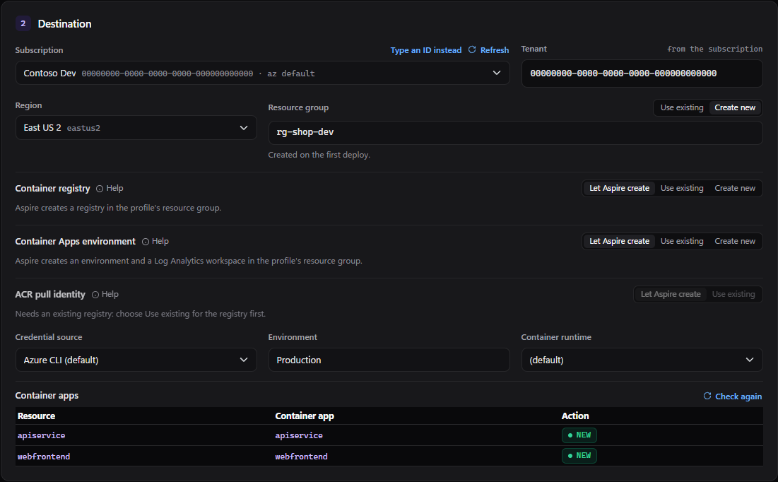 The Destination step of a new profile after Discover, showing subscription, region, resource group and the container apps preview.
