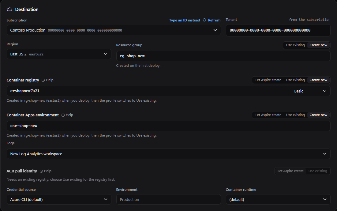 The Destination card with Create new selected for the container registry and the Container Apps environment.