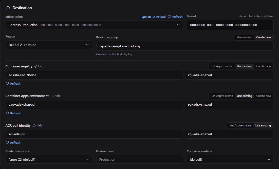 The Destination card using an existing registry, environment and ACR pull identity from a shared resource group.