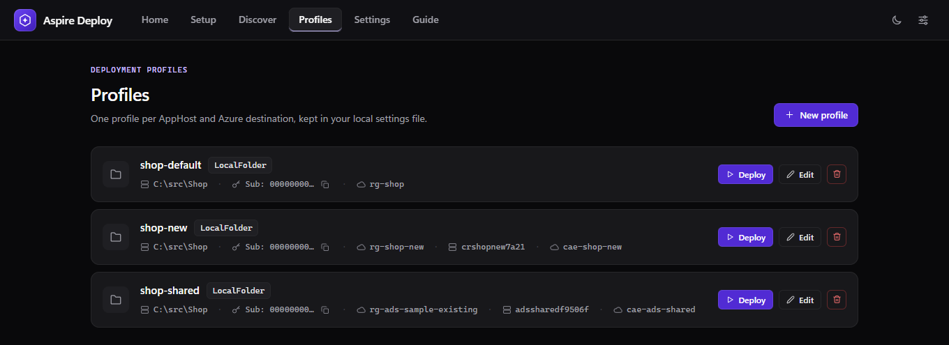 The Profiles page of Aspire Deploy, listing three deployment profiles with Deploy, Edit and Delete buttons.