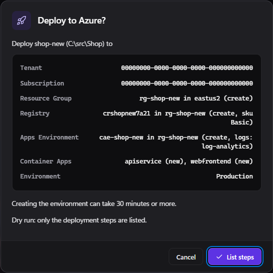 The Deploy to Azure confirmation dialog listing the tenant, subscription, resource group, registry, environment and container apps.